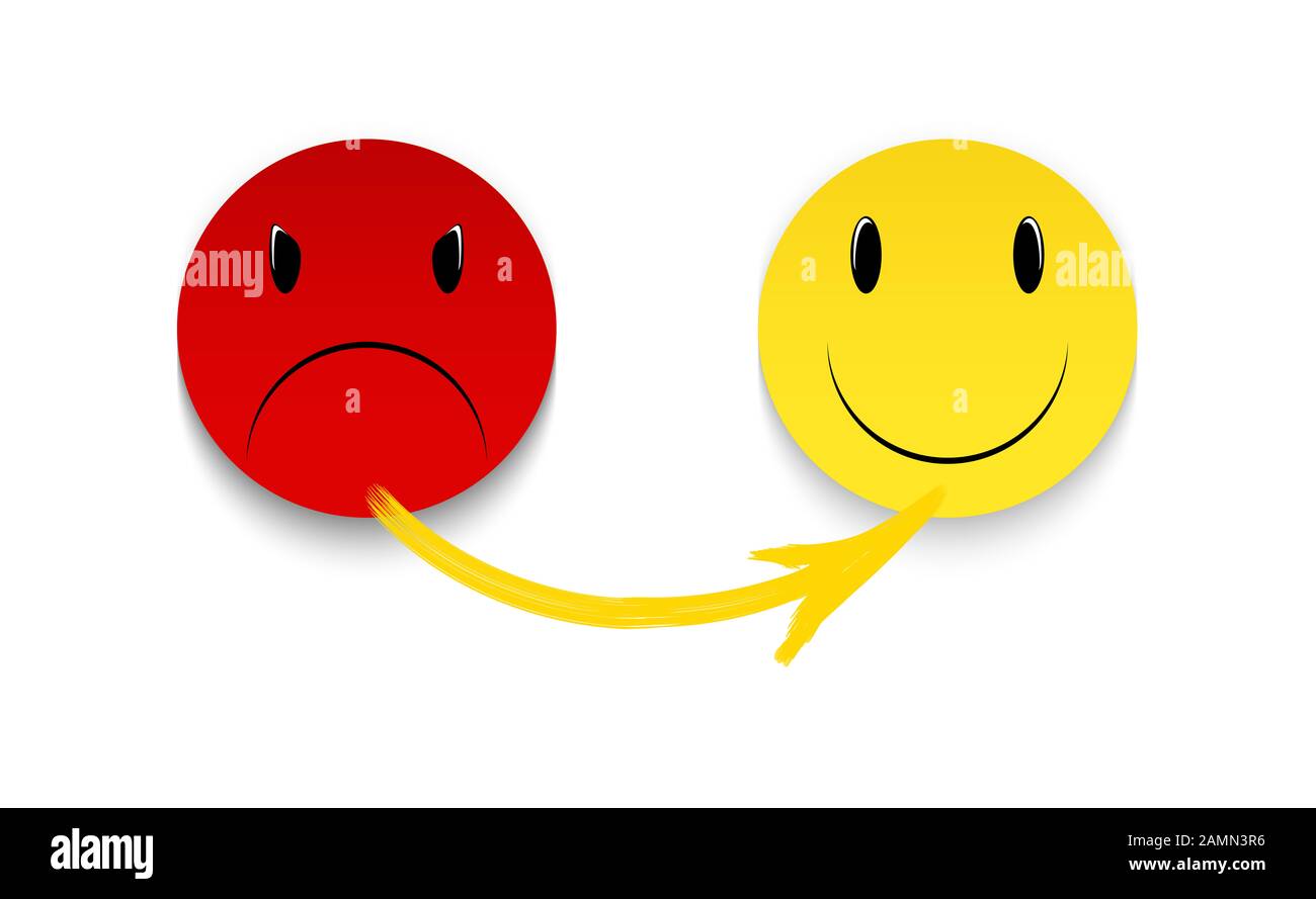 Wütende Emoticon, lächelndes Gesicht isoliert auf weißem Hintergrund Stockfoto