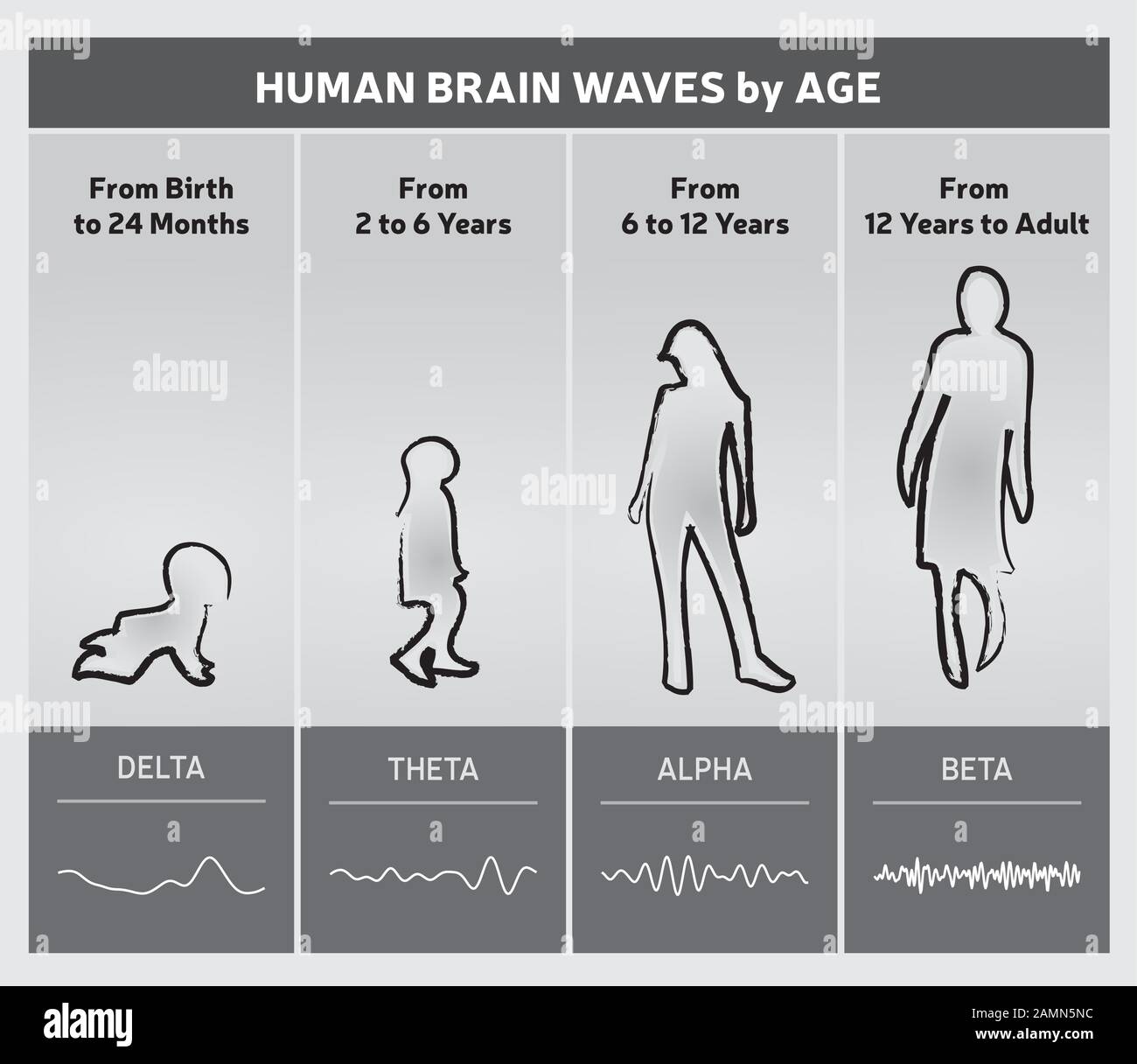 Diagramm der menschlichen Gehirnwellen nach Alter - Personensilhouetten - Englisch - Schwarzweiß Stock Vektor