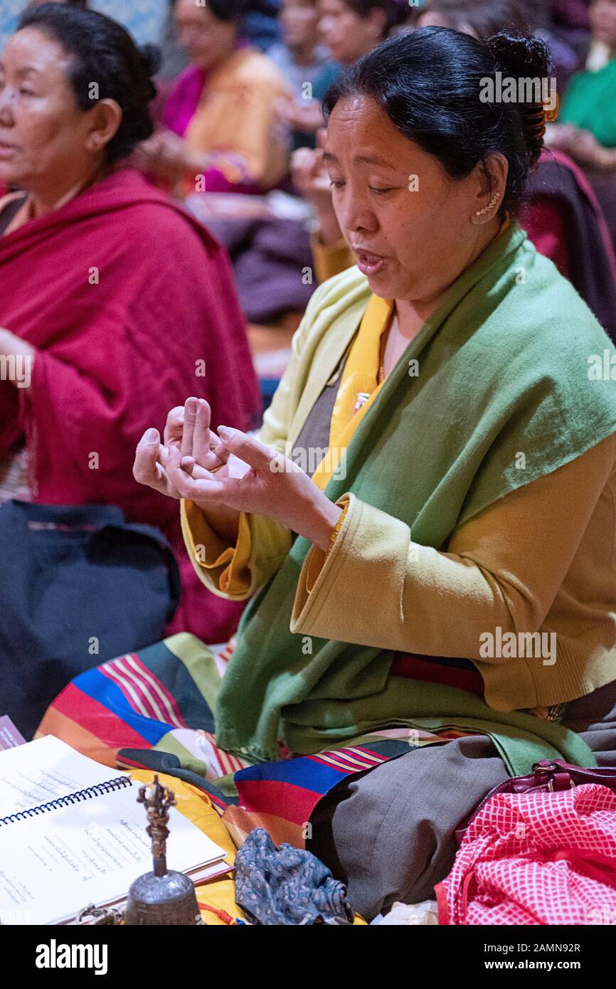 Eine verschlingende buddhistische Frau, die im Sitzen bettet und meditiert und die entsprechenden Handgesten macht. In einem Tempel in Queens, New York City. Stockfoto