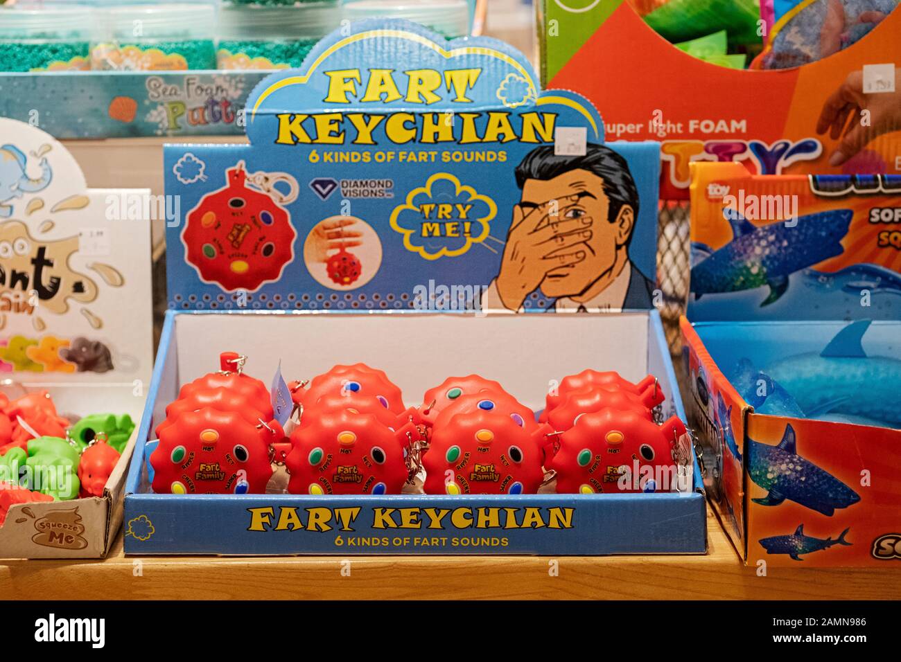 FART SCHLÜSSELBUND. Eine fart Schlüsselkette zum Verkauf in einem Geschäft in der Walt Whitman Mall in South Huntington, Long Island, New York Stockfoto