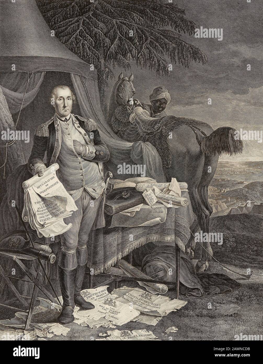 Gravur , Porträt von General George Washington im Jahre 1732 - 1799) mit der Unabhängigkeitserklärung, amerikanischer Staatsmann, Stabschef der kontinentalen Armee während des Unabhängigkeitskrieges zwischen 1775 und 1783 und erster präsident der Vereinigten Staaten im Amt von 1789 bis 1796. Stockfoto
