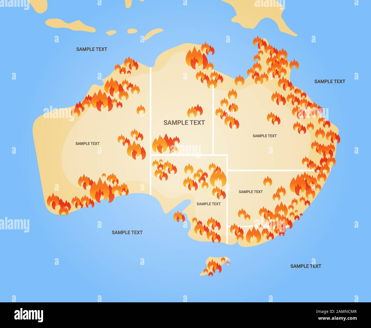 Karte von Australien mit Symbolen von Buschfeuern saisonale Wildbrände