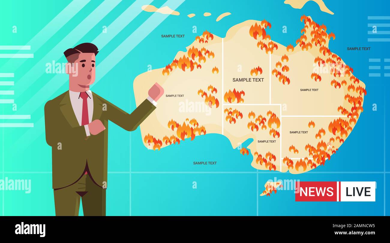 Die neueste Reporterjournalistin live Bordcasting-Karte von Australien mit Symbolen für Buschfeuer saisonale Wildbrände trockene Wälder brennend globale Erwärmung Naturkatastrophen Konzept Porträt flache Vektorgrafiken Stock Vektor