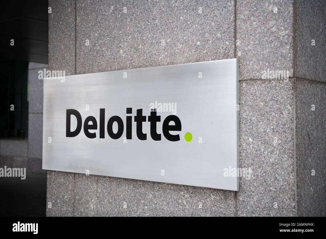 Eine allgemeine Ansicht des Logos für Deloitte Touche Tohmatsu Limited, einfach bekannt als Deloitte, wie sie am 13. Januar 2020 in Arlington, VA, zu sehen ist. (Graeme Sloan/Sipa USA) Stockfoto