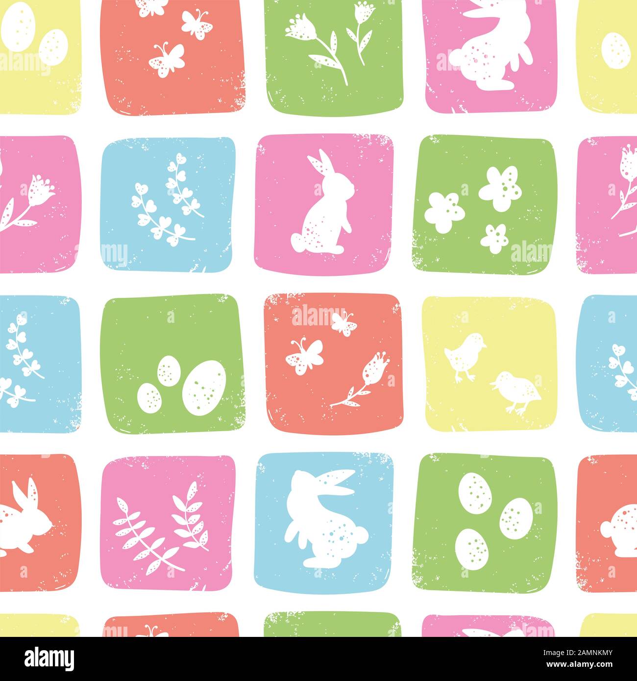 Süßes, handgezeichnetes easter Seamless Muster, farbenfroher Frühlingshintergrund mit Häschen, ostereiern, Blumen, Schmetterlingen - ideal für Textilien, Banner und Wal Stockfoto