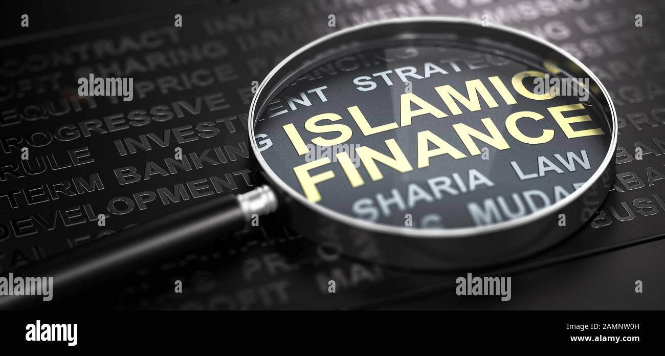 3D-Darstellung einer Lupe über den Text Islamische Finanzen mit goldenem Buchstaben geschrieben. Schwarzer Hintergrund. Stockfoto