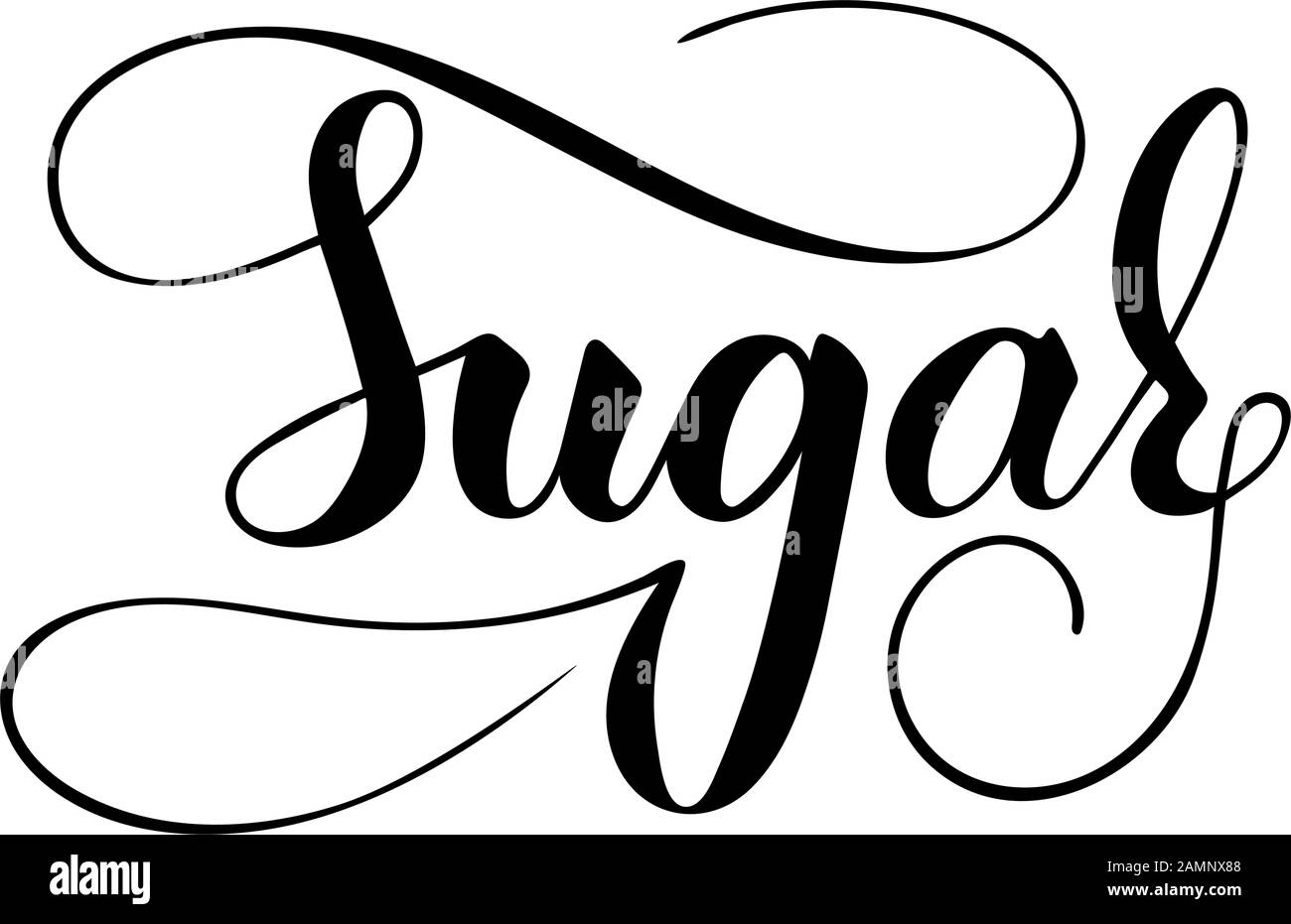 Vector handgeschriebener Zuckertext isoliert auf weißem Hintergrund. Küche süße Gewürze zum Kochen. Schrift mit Pinselschrift mit Aufblühen. Handschrift Stock Vektor