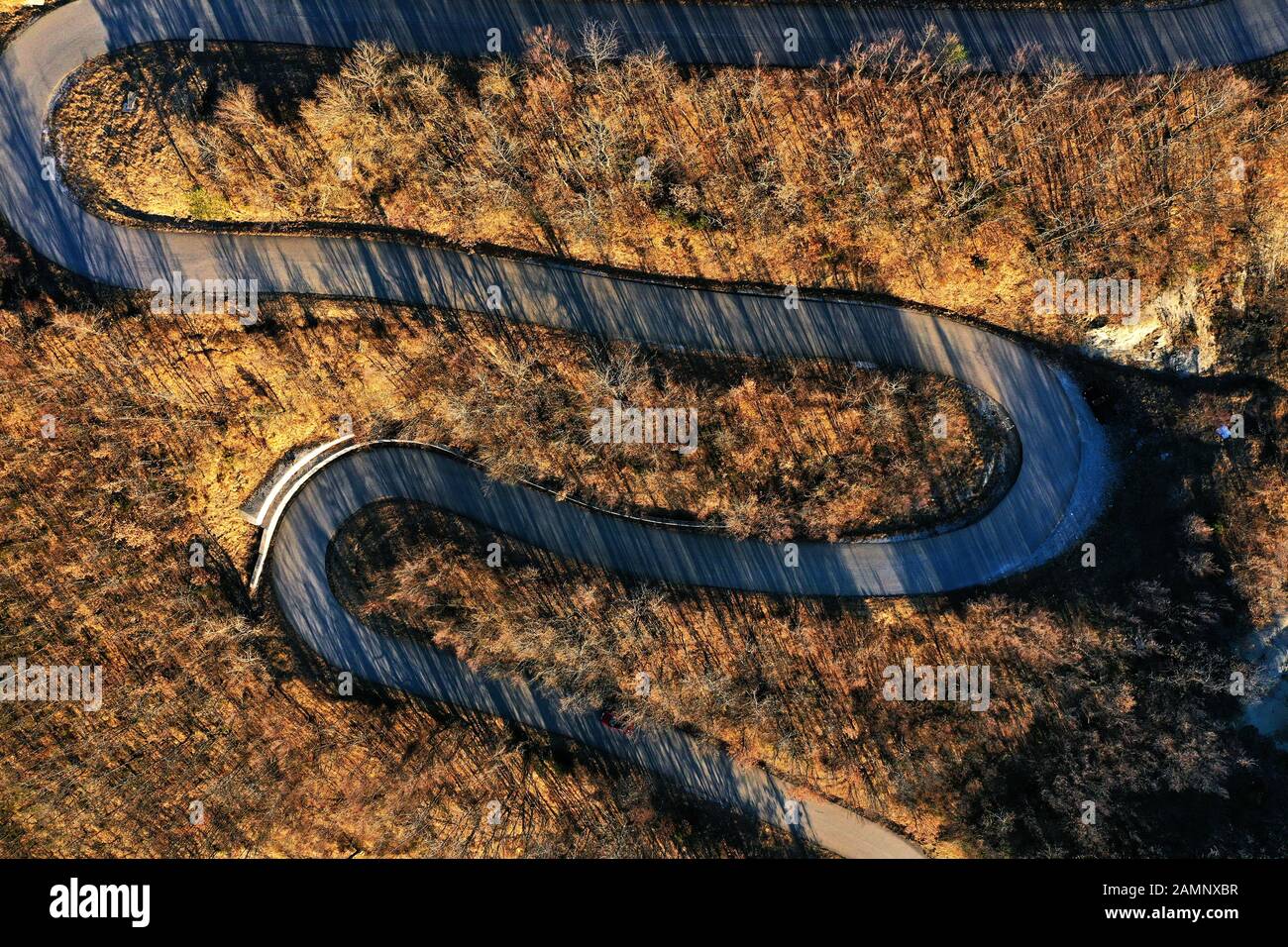 Landschaftlich kurvenreiche Straße von einer Drohne im Herbst. Emilia Romagna, Italien Stockfoto