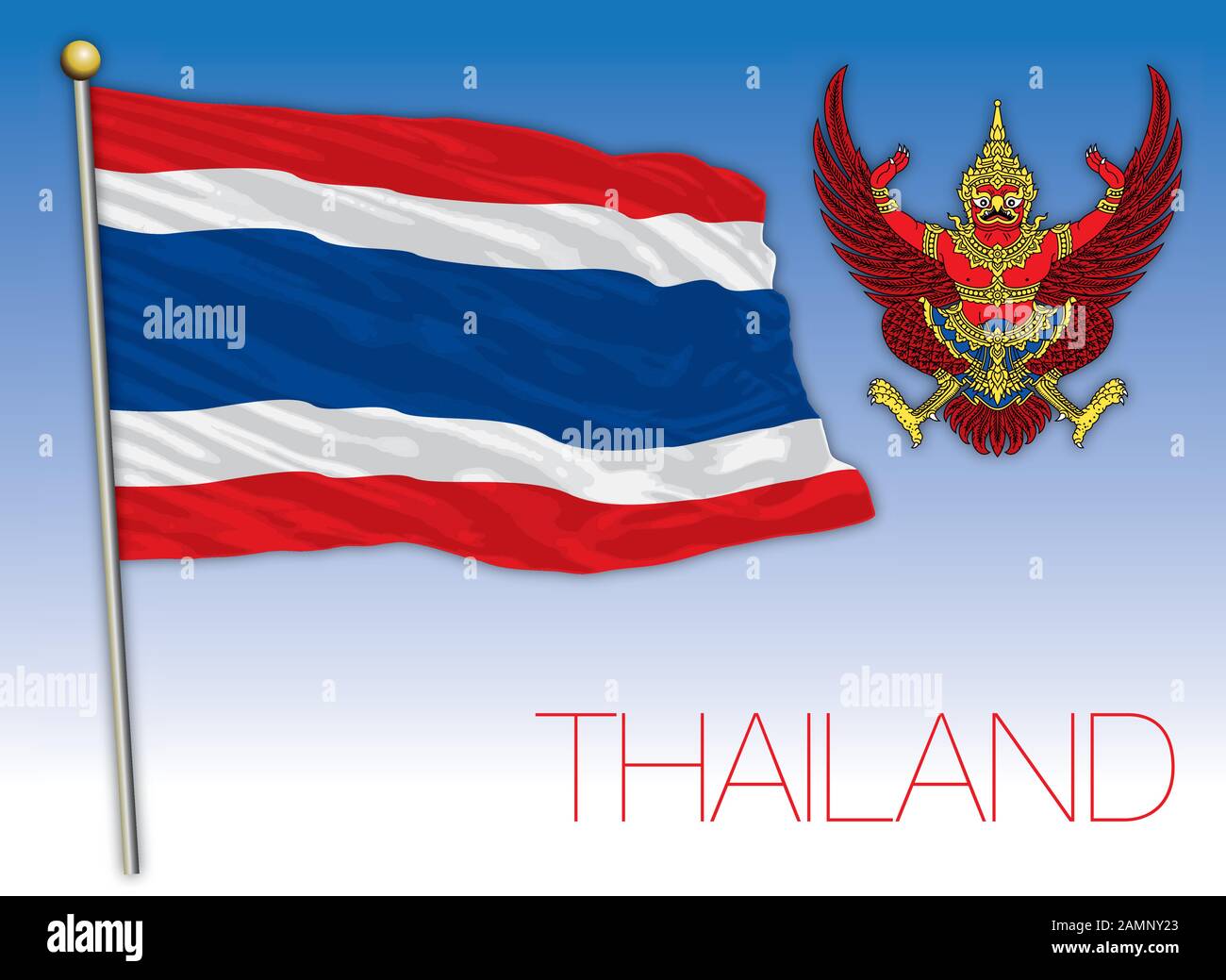 Offizielle Nationalflaggen und -Wappen Thailands, asiatisches Land, Vektorgrafiken Stock Vektor