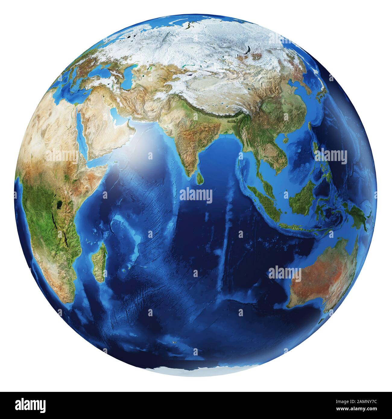 3D-Abbildung Erdkugel. Ansicht Asien. Sehr detailliert und fotorealistisch. Auf weißem Hintergrund. (Originalkarten der NASA.) Stockfoto