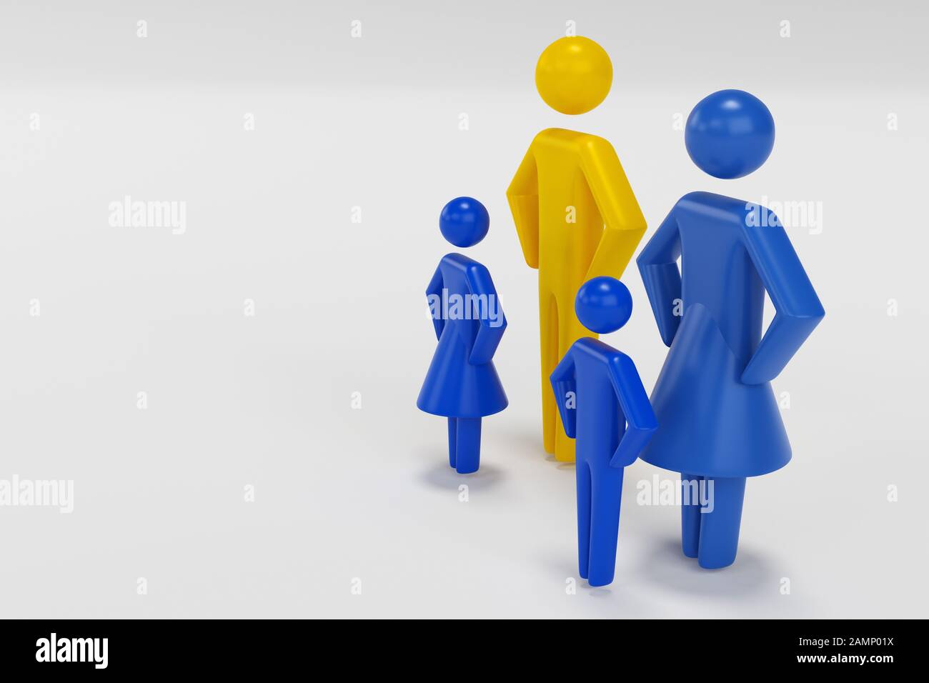 3D-Menschen - Eltern mit Kindern. 3D-Figuren der Familie Vater, Mutter, Sohn und Tochter. 3D-Rendering Stockfoto