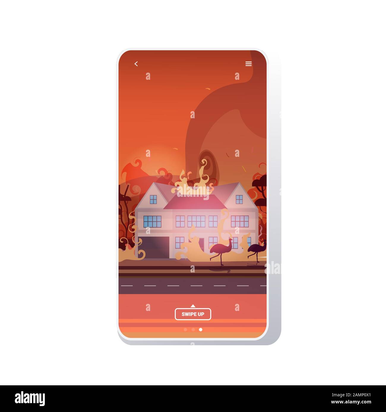 Tiere, die von Waldbränden in australien fliegen Wildbrände Häuser Natur Katastrophenkonzept intensiv Orange Flammen Smartphone-Bildschirm mobile App Vektordarstellung Stock Vektor