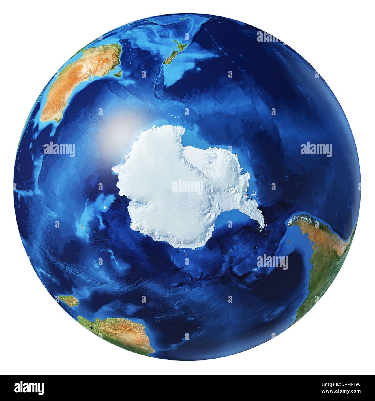 Photorealistische 3D-Darstellung des Erdglobus auf weißem Hintergrund. Antarktis, Südpolansicht. Ohne Wolken. (Originalkarten der NASA). Stockfoto