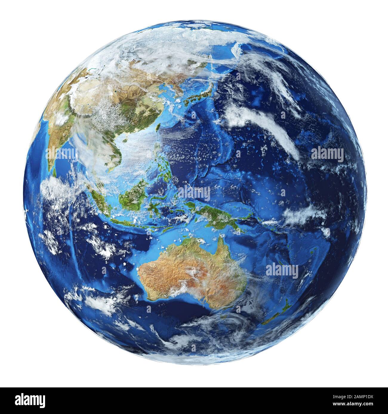 3D-Abbildung Erdkugel. Oceania. Sehr detailliert und fotorealistisch. Mit Wolken auf weißem Hintergrund. (Originalkarten der NASA.) Stockfoto
