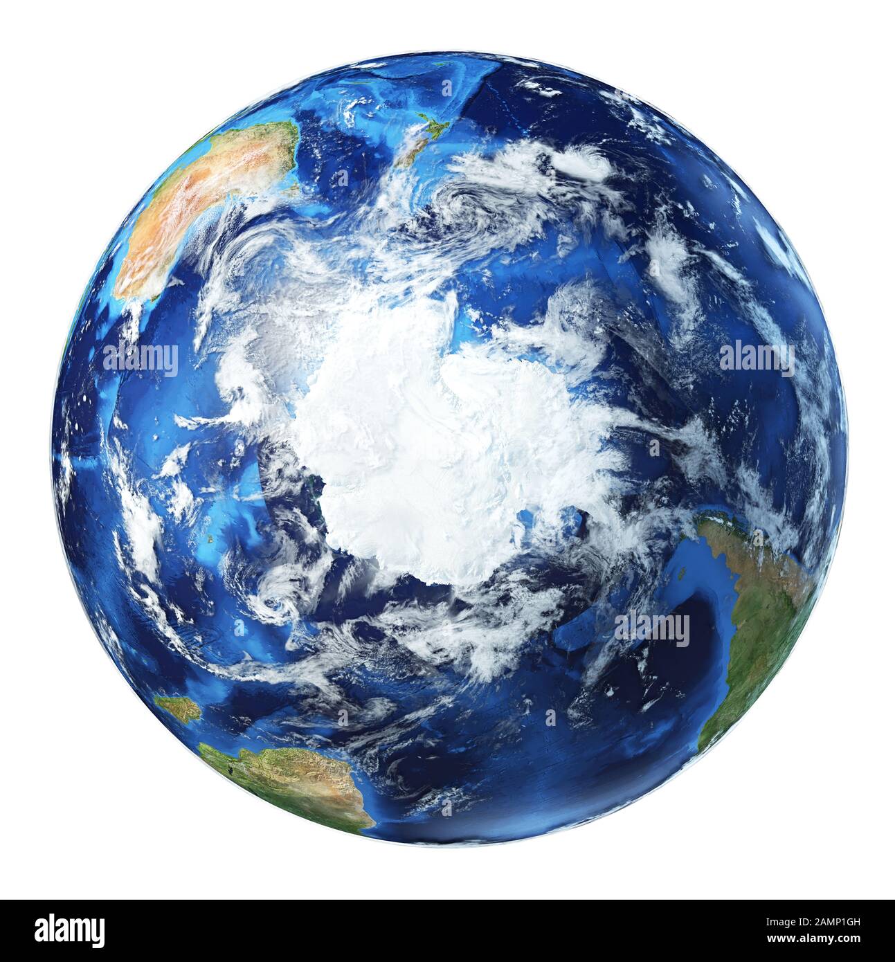 3D-Abbildung Erdkugel. Südpolansicht. Sehr detailliert und fotorealistisch. Mit Wolken auf weißem Hintergrund. (Originalkarten der NASA.) Stockfoto