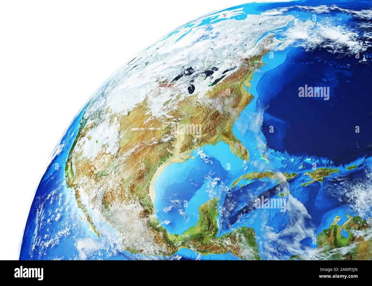 Erdglobus Nahaufnahme von Nordamerika. Sehr detailliert und fotorealistisch. Mit Wolken. (Originalkarten der NASA.) Stockfoto