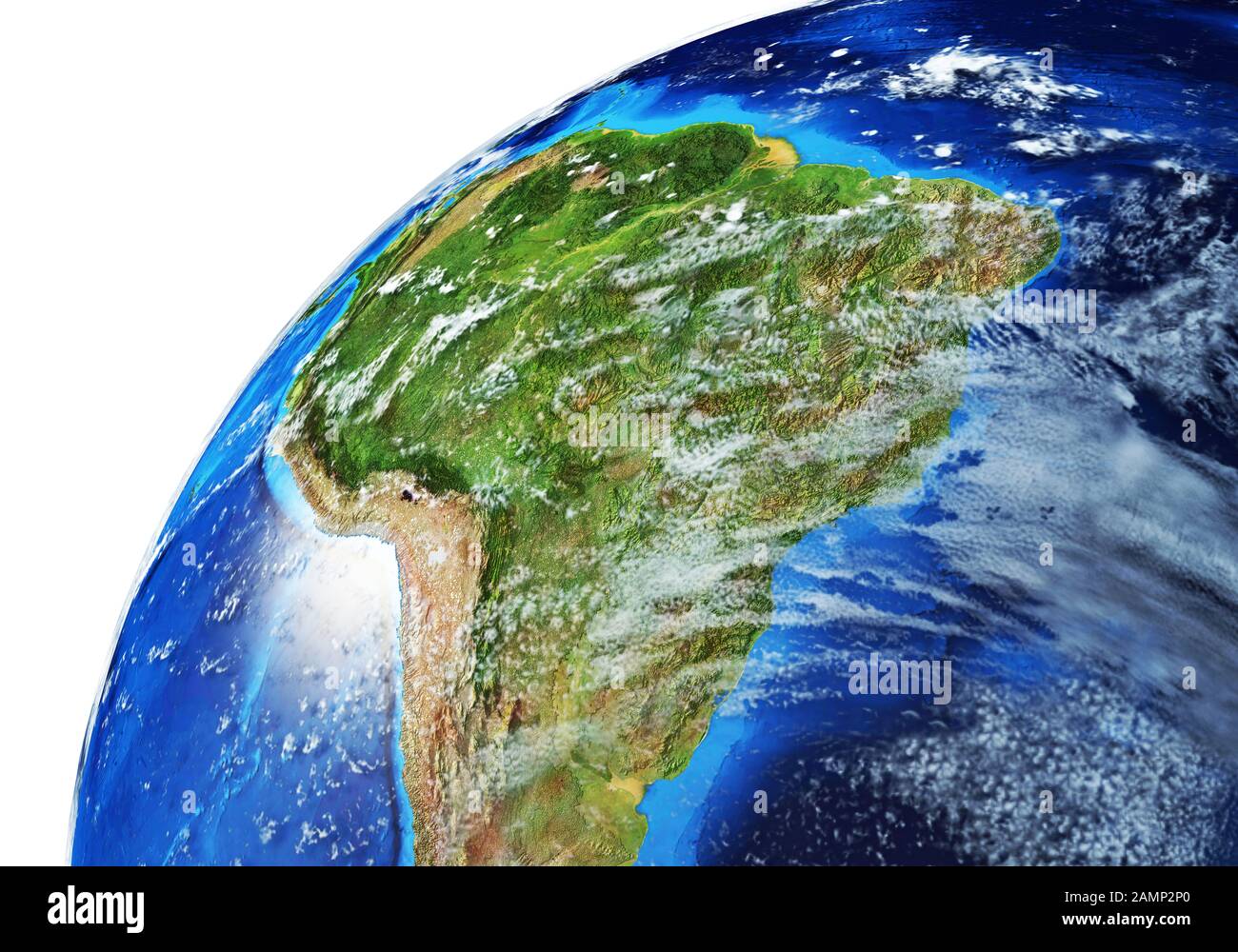 Erdglobus Nahaufnahme Südamerika. Sehr detailliert und fotorealistisch. Mit Wolken. (Originalkarten der NASA.) Stockfoto