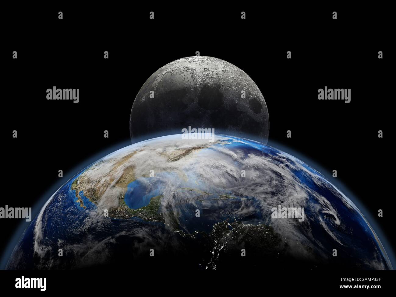 Planet Erde schließt sich mit Sonnenaufgang im All, Stadtlicht und Mond an. Ansicht USA und Südamerika. (Originalkarten der NASA.) Stockfoto