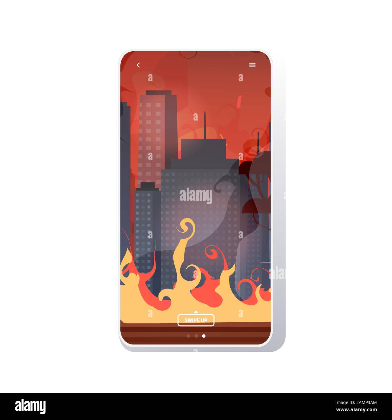 Waldbrände in australien Wildfire City Street mit Wolkenkratzern Buschfeuer Natur Katastrophenkonzept intensiv Orange Flammen Stadtbild Hintergrund Smartphone Bildschirm mobile App Vektordarstellung Stock Vektor