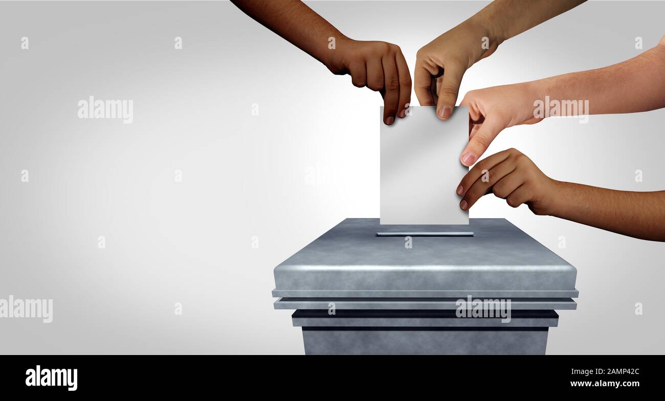 Diversity-Konzept und verschiedene Hände, die in einem Wahllokal eine Stimme abgeben, das Wahlrecht in einer Demokratie als multikulturelle Hände. Stockfoto
