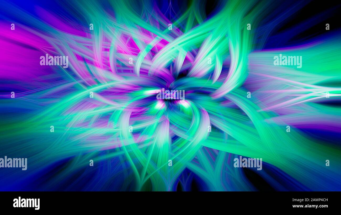Abstraktes CGI-Design in Form einer Blume aus verdrehten Lichtfasern. Leuchtend leuchtend und farbenfroh Stockfoto