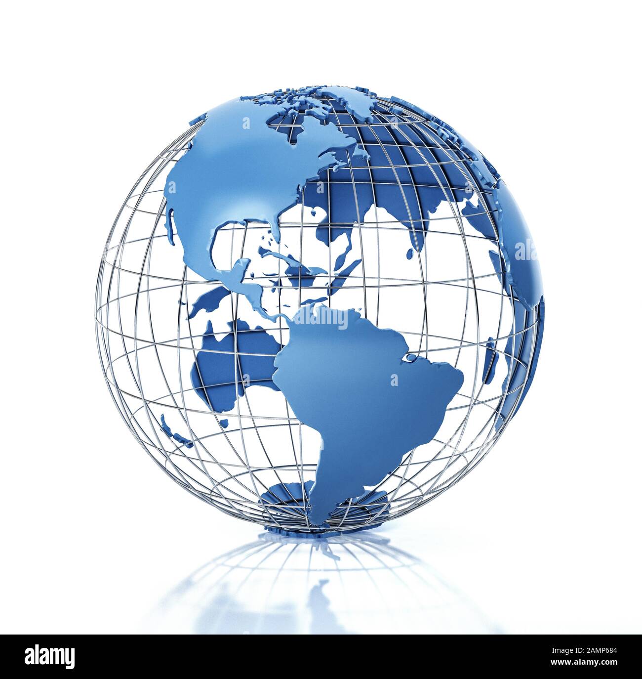 Erdglobus stilisiert mit Metallgitter. Nord- und Südamerika anzeigen. Auf weißem Hintergrund mit einer Reflexion auf der Oberfläche. Stockfoto