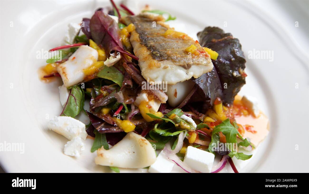 Ein Restaurant Hauptgericht Schüssel, Seebarsch und Calamari mit gemischten Salat und Feta. Stockfoto