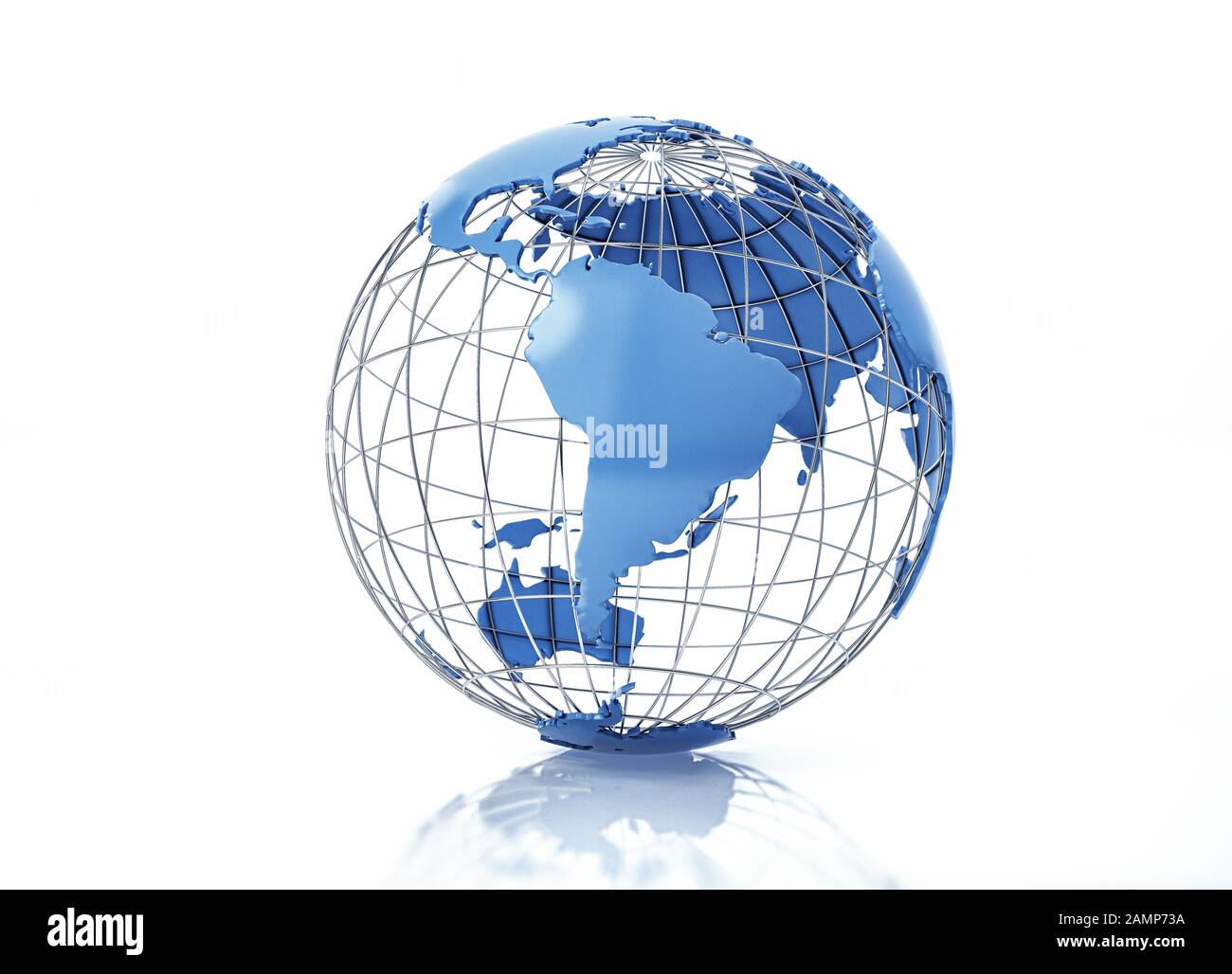 Erdglobus stilisiert mit Metallgitter. Ansicht Südamerika. Auf weißem Hintergrund mit einer Reflexion auf der Oberfläche. Stockfoto