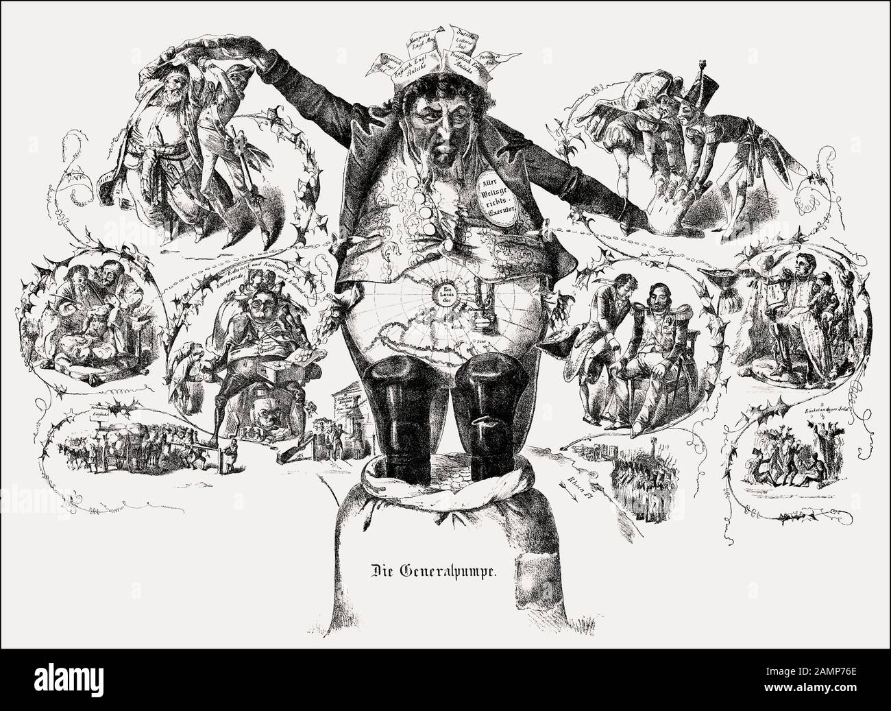 Die Generalpumpe, deutsche Karikatur auf Amschel Mayer Rothschild, den deutschen Banker, den globalen Kreditgeber Stockfoto