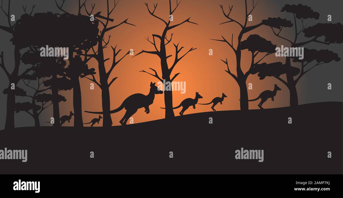 Silhouetten von Kängurus, die von Waldbränden in australien stammen Tiere, die im Wildfire Buschfire Natural Disaster Concept horizontale Vektorgrafiken sterben Stock Vektor