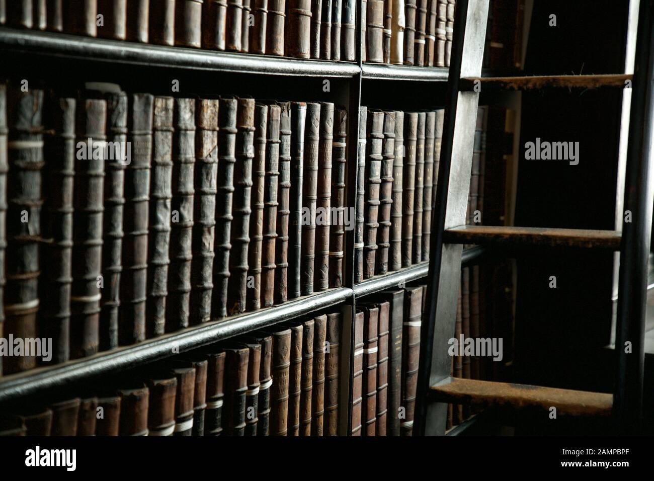 Universitätsbibliothek Regale mit antiken Büchern. Stockfoto