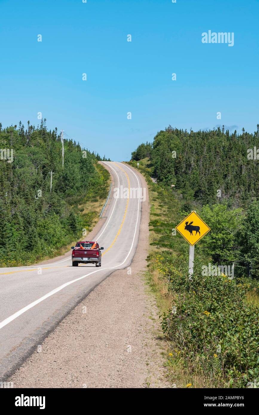 Straßenschild warnt vor der Kreuzung von Elchen, Cabot Trail, Cape Breton Highlands National Park, Nova Scotia, Kanada Stockfoto