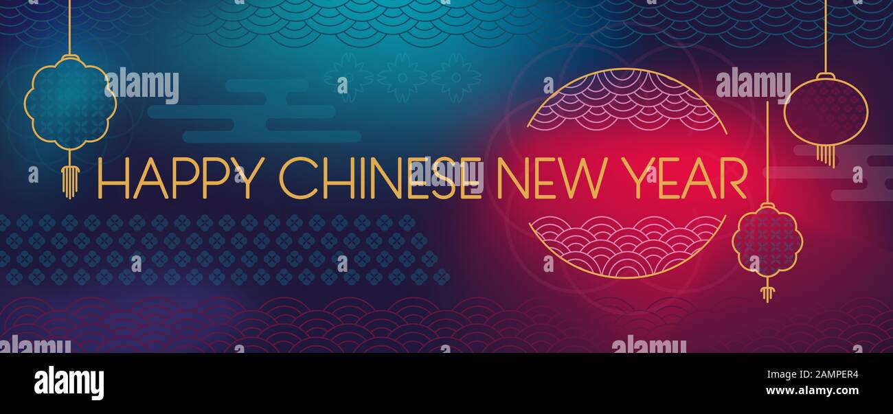 Fröhlicher chinesischer Neujahrstext für Grußkarte, Flyer, Einladung, Plakate, Broschüre, Banner, facebook-seiteneinband. Moderner geometrischer Hintergrund, lante Stock Vektor