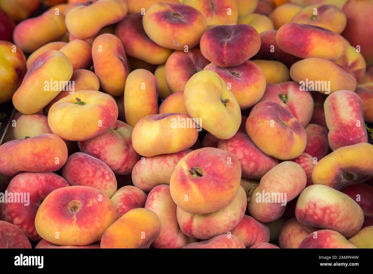 Saturn Pfirsichhintergrund. Pfanne tao Pfirsich, Prunus persica, flacher Pfirsich, Donut/Donut Pfirsichfrüchte auf dem Markt. Stockfoto