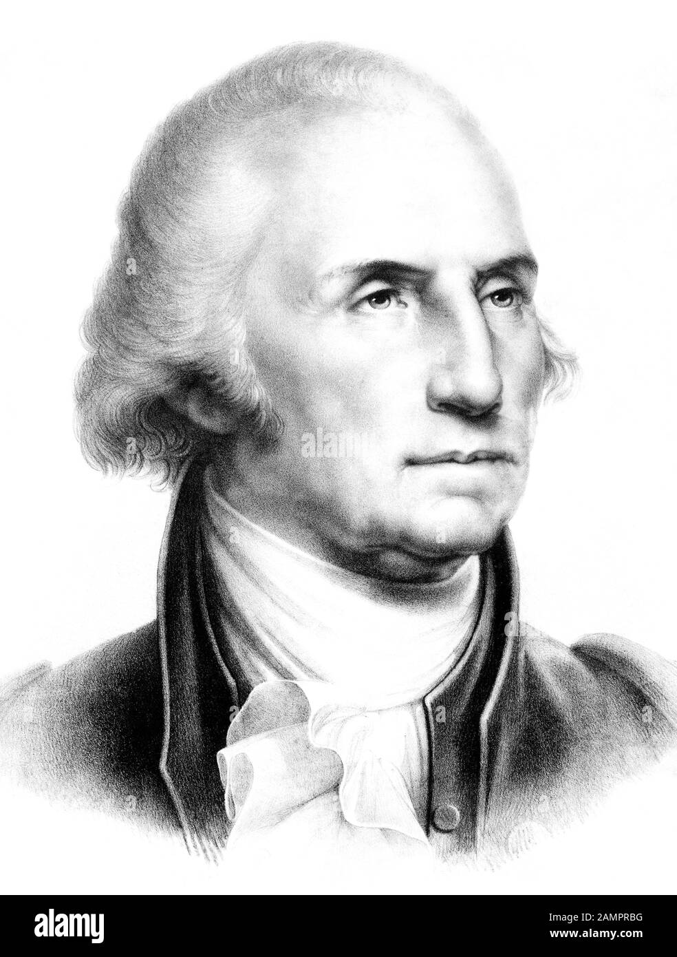 Jahrgangsporträt von George Washington (1732 - 1799) - Kommandeur der kontinentalen Armee im amerikanischen Revolutionären Krieg/Unabhängigkeitskrieg (1775 - 1783) und erster US-Präsident (1789 - 1797). Undatierter Druck, möglicherweise 1820er Jahre, von Pendletons Lithographie nach einem Gemälde des Künstlers Rembrandt Peale (70-1860). Stockfoto