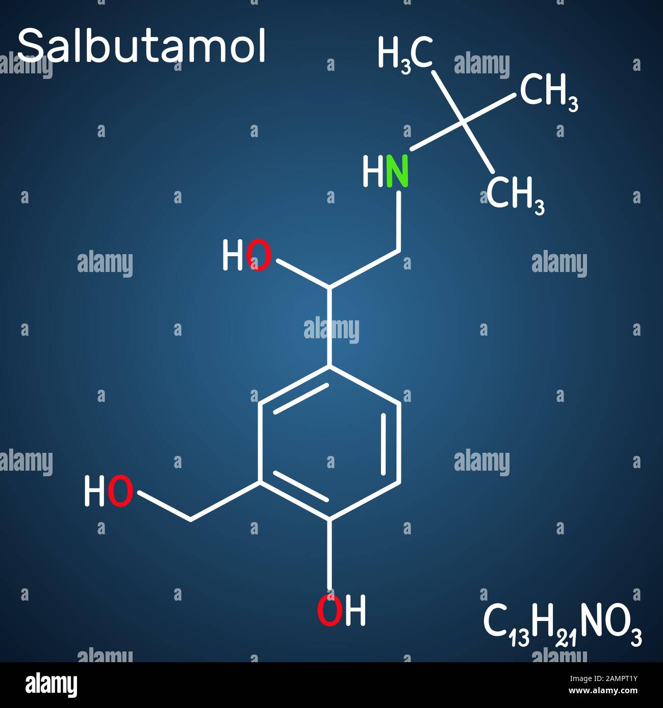 Salbutamol, Albumterol-Molekül. Es ist ein kurzwirkender Agonist, der bei der Behandlung von Asthma und COPD eingesetzt wird. Strukturelle chemische Formel auf der dunkelblauen BA Stock Vektor