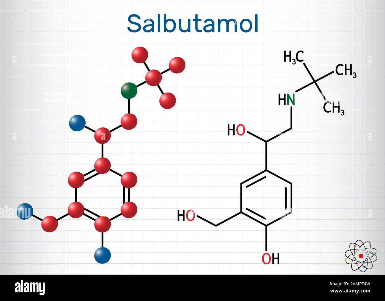 Salbutamol, Albumterol-Molekül. Es ist ein kurzwirkender Agonist, der bei der Behandlung von Asthma und COPD eingesetzt wird. Strukturelle chemische Formel und Molekularmodell. Stock Vektor