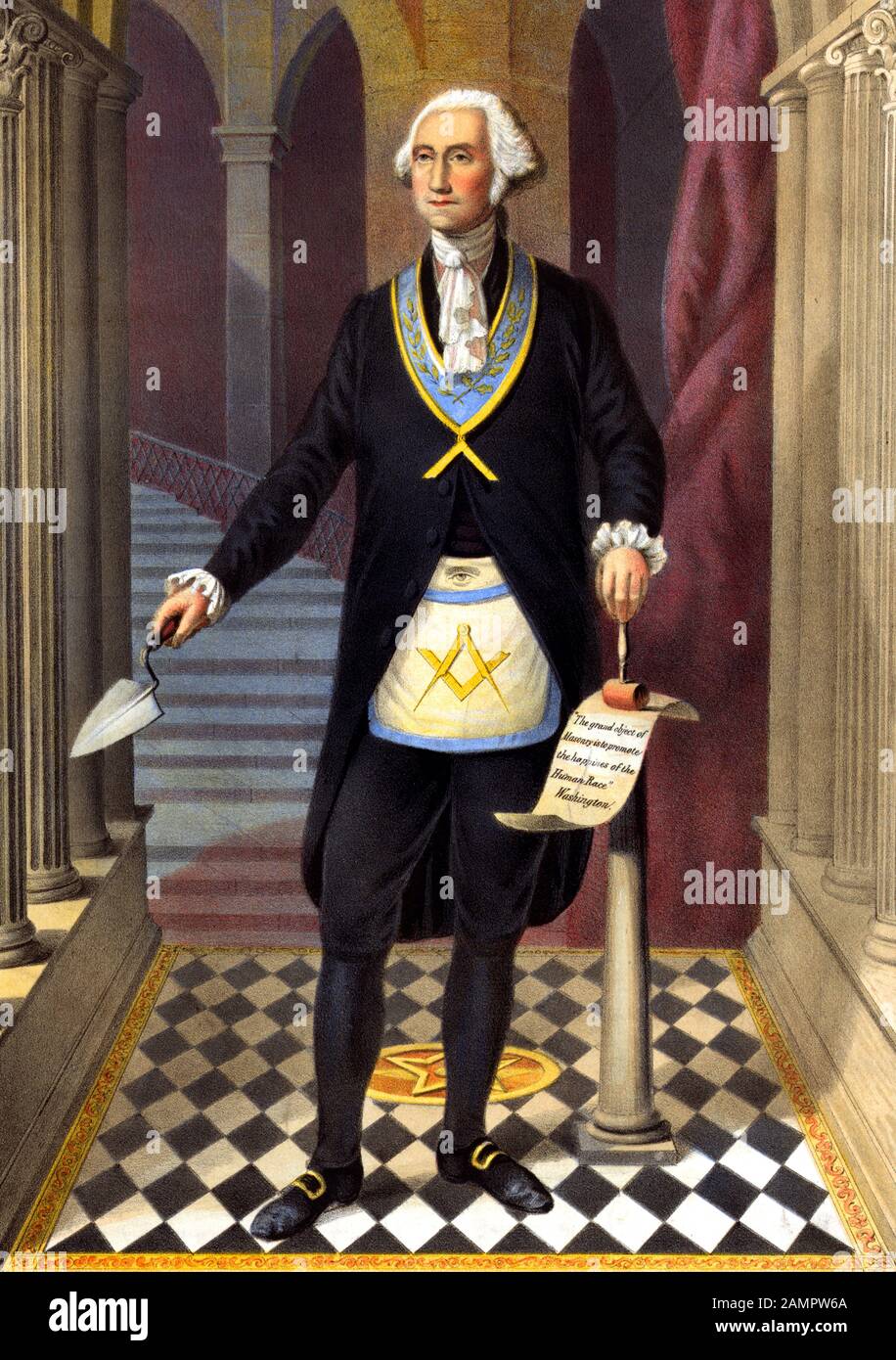 Vintage-Porträt, das George Washington (1732 - 1799) in der Kleidung eines Freimaurers darstellt und einen Trowel und eine Schriftrolle mit den Worten "Das große Objekt Des Maurers ist, das Glück der menschlichen Rasse zu fördern" darauf geschrieben. Washington war Befehlshaber der kontinentalen Armee im amerikanischen Unabhängigkeitskrieg (1775 - 1783) und der erste US-Präsident (1789 - 1797). Detail aus einem Druck von Strobridge & Co. Aus Cincinnati um das Jahr 1867 mit dem Titel "Washington As A Freemason". Stockfoto