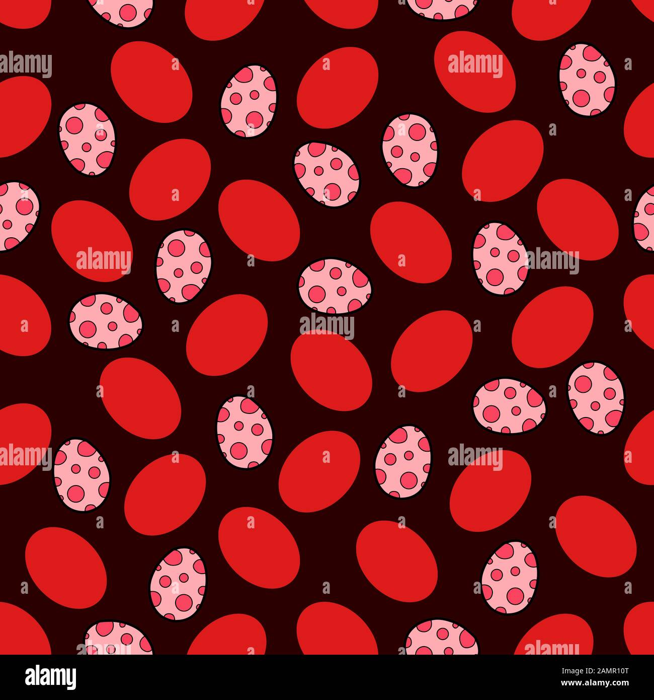 Oster-Seamless-Muster mit roten Eiern, isoliert auf dunkelrotem Hintergrund. Süßes Kindermuster. Vector Cartoon Stock Illustration. Saison Kind Textil Design Stock Vektor