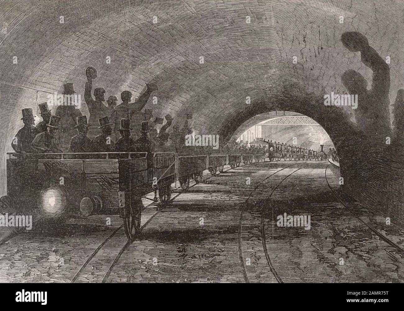 Die GÄSTE der U-BAHN NEHMEN kurz vor der offiziellen Eröffnung am 10. Januar 1863 eine Probefahrt zum Bahnhof Portland Stockfoto