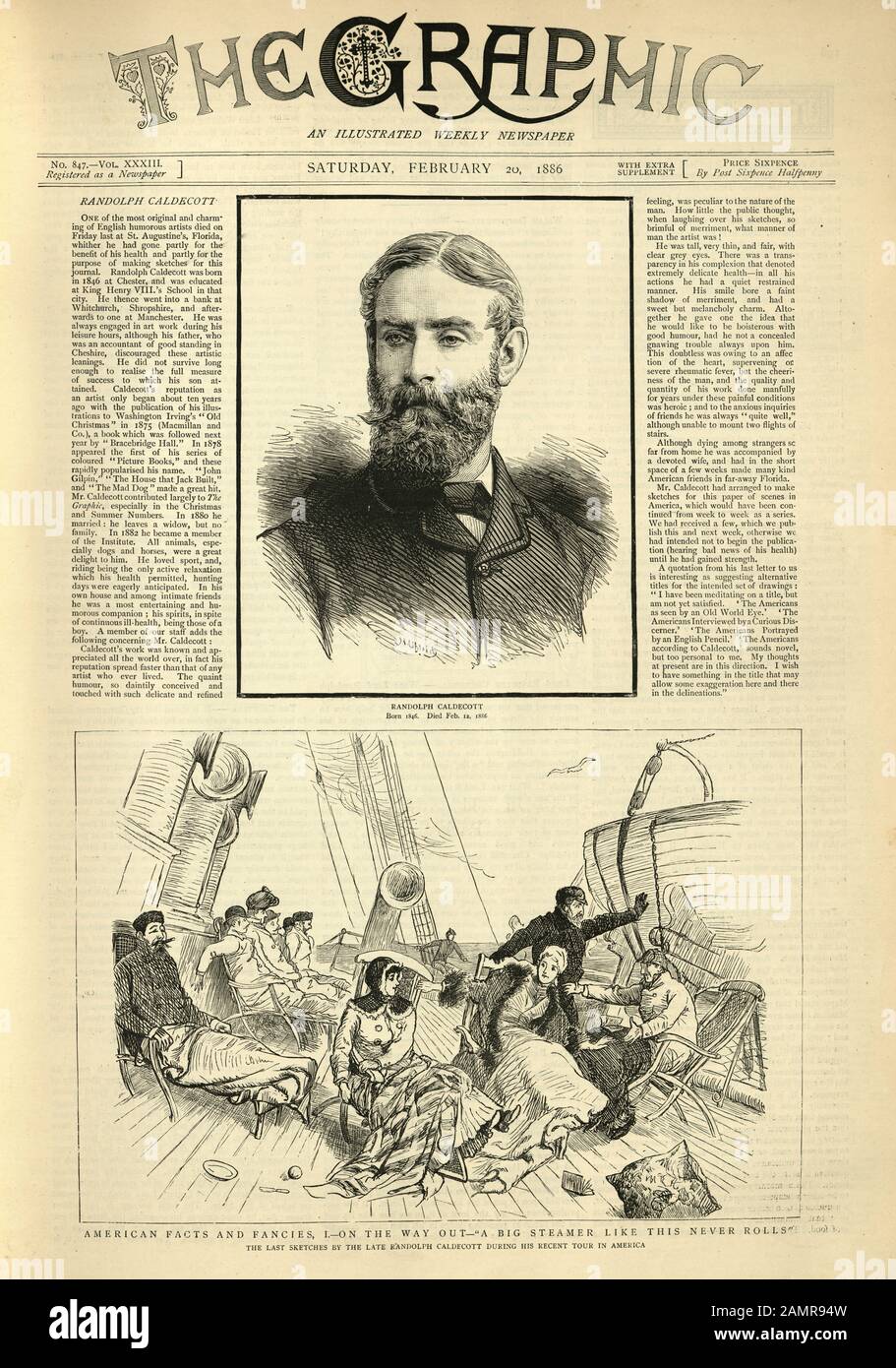 Titelseite der Zeitung "Graphic" in Erinnerung an den verstorbenen Ranolph Caldecott, den 20. Februar 1886 Stockfoto
