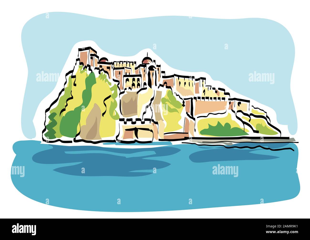 Iillustration der Aragonese Castle(Castello Aragonese), eine mittelalterliche Burg neben der Insel Ischia im Golf von Neapel, Italien. Stockfoto