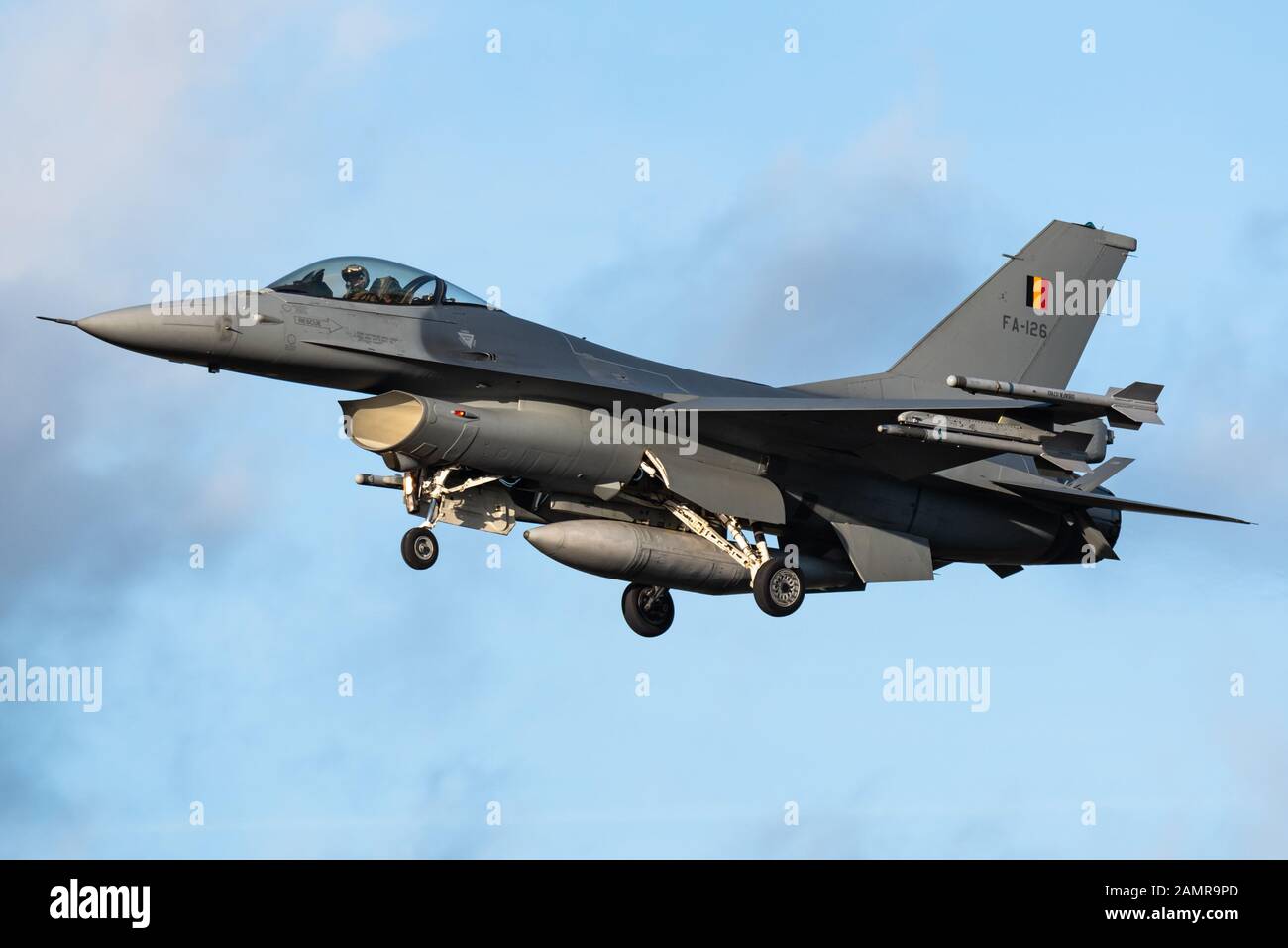 Ein Kampfflugzeug General Dynamics F-16 Fighting Falcon der belgischen Luftwaffe. Stockfoto