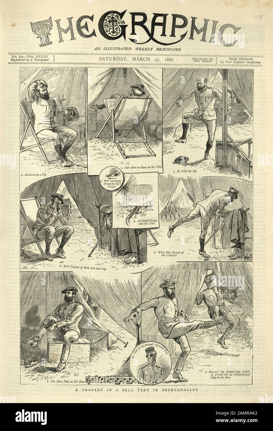 Titelseite der Graphic Illustrated Zeitung vom 27. März 1886. Viktorianischer Zeichentrickfilm, Tragödie in einem Glockenzelt in Bechuanaland, (Botswana), 19. Jahrhundert Stockfoto
