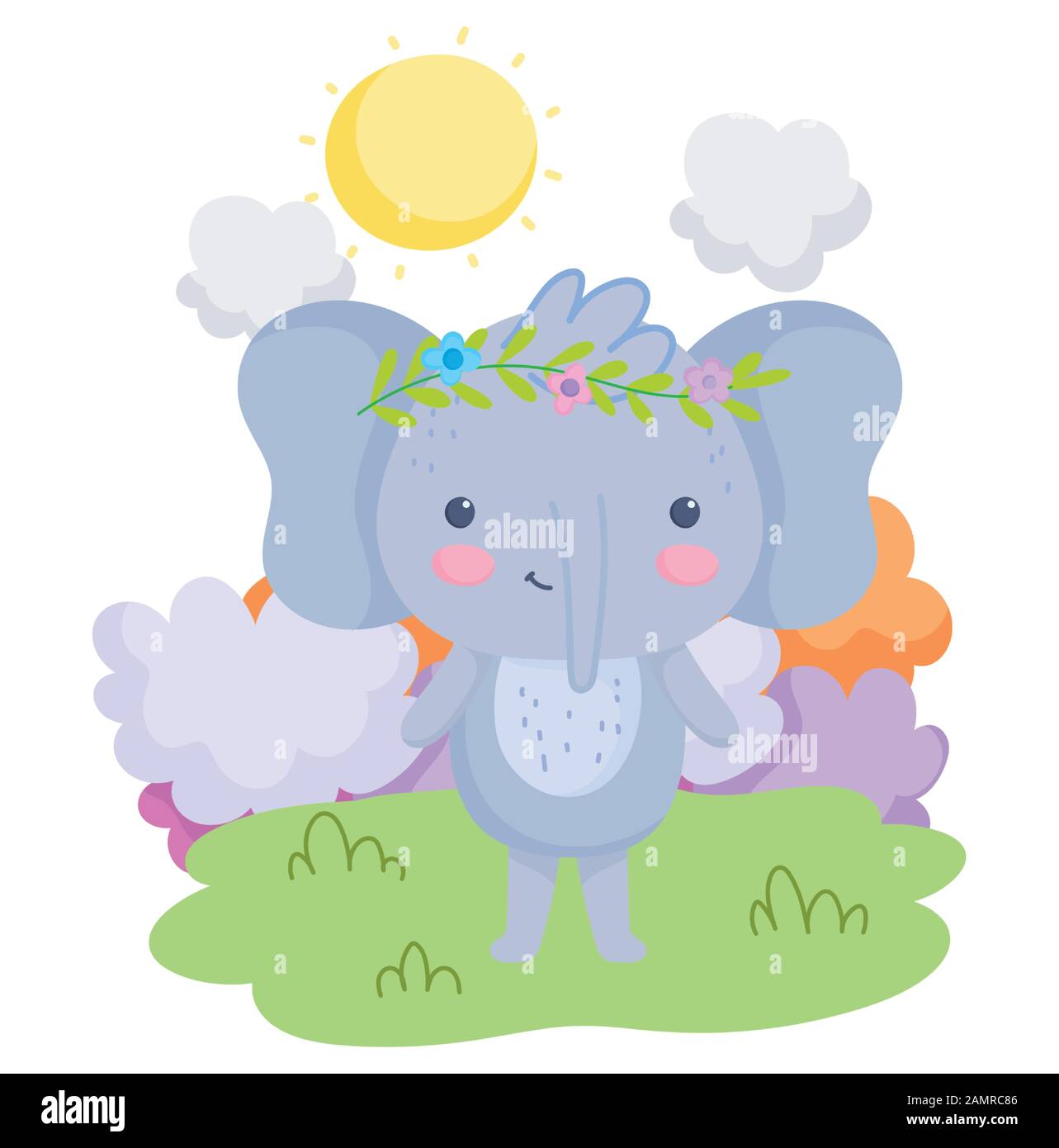 Niedliche Tiere Elefant mit Blumen in Kopfgraswolken sonnige Tag Cartoon-Vektor-Illustration Stock Vektor