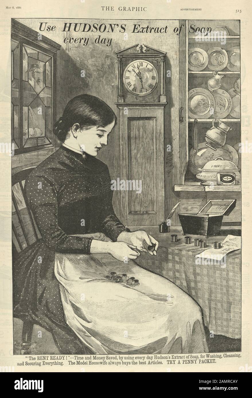Zeitungsannonce für Hudsons Suppenextrakt, im Jahr 1886, im 19. Jahrhundert. Hausfrau rechnet ihre Ersparnisse in Geldbox Stockfoto