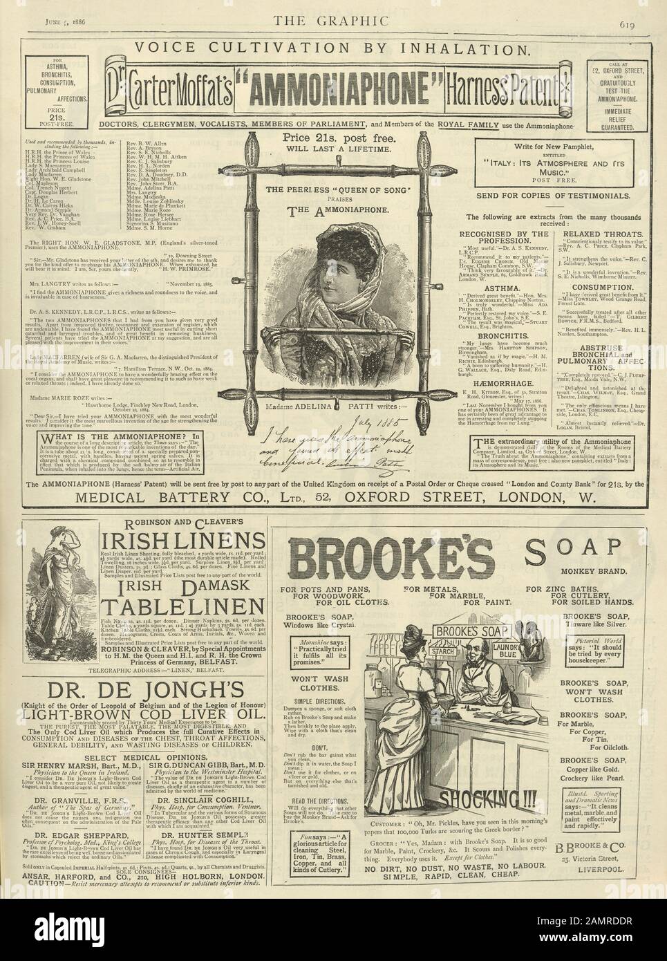 Page of victorian Newspapers, Carter Moffat's ammoniaphon a Voice Improvement Device inned by Dr. Carter Moffat, Brooke's Soap, irish Linens Stockfoto