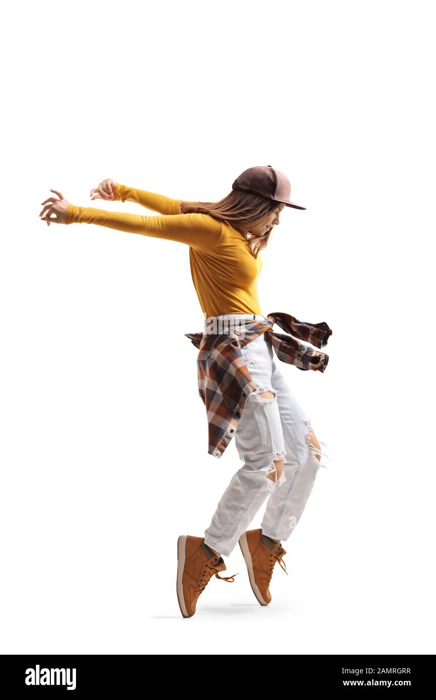 Junge Frau, die auf Zehenspitzen tanzt, isoliert auf weißem Hintergrund Stockfoto