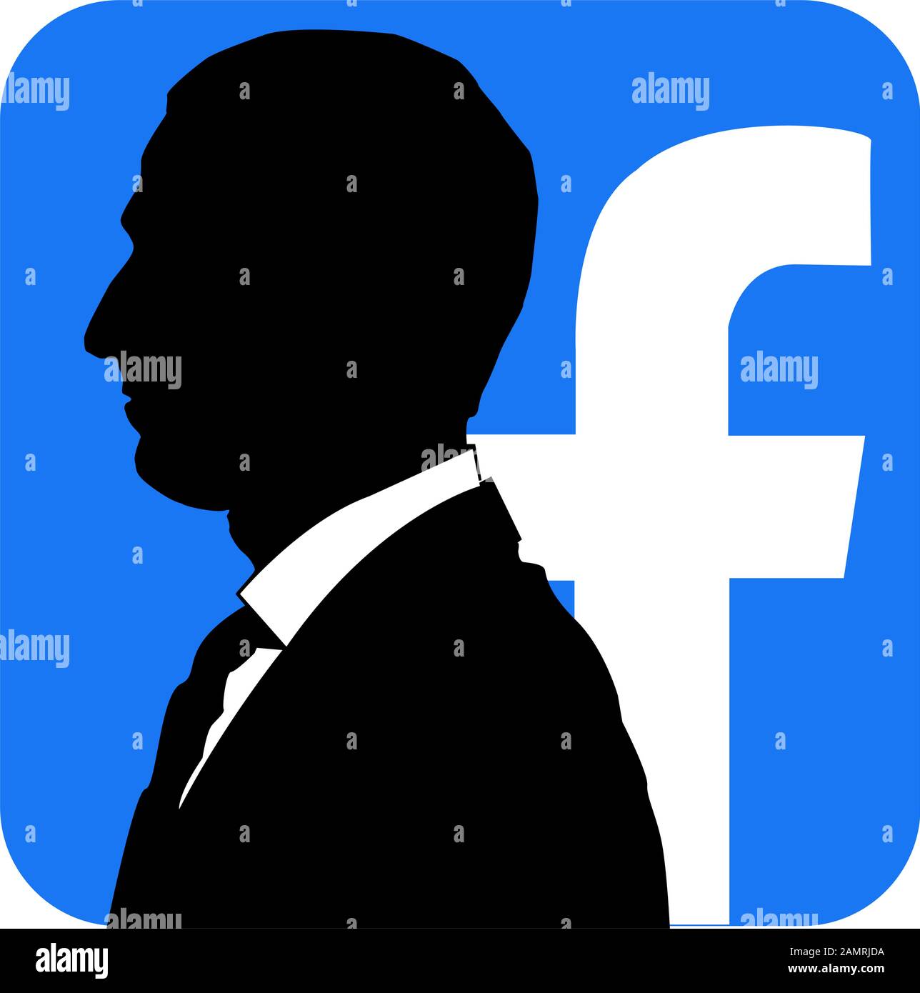 Mark Zuckerberg Silhouette und Facebook-Logo hinter sich. Konzeptionelle VEKTORDARSTELLUNG. Stock Vektor