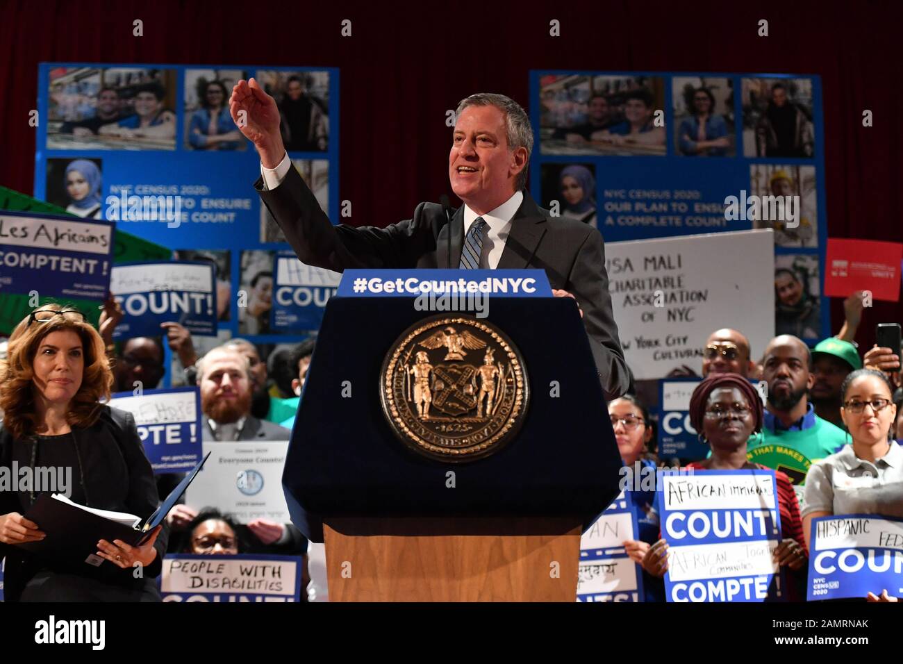 Der New Yorker Bürgermeister Bill de Blasio nimmt an einer Kundgebung zur Aufnahme der NYC Census 2020 Complete Count Campaign am 14. Januar 2020 an der New York University in Ne Stockfoto